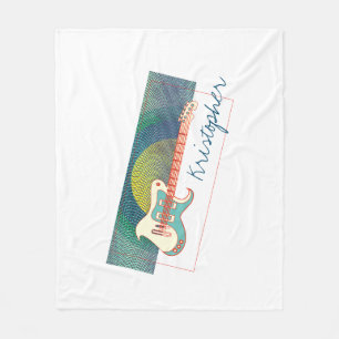 Add Name Cool Modern White & Teal Electric Guitar Fleece Blanket