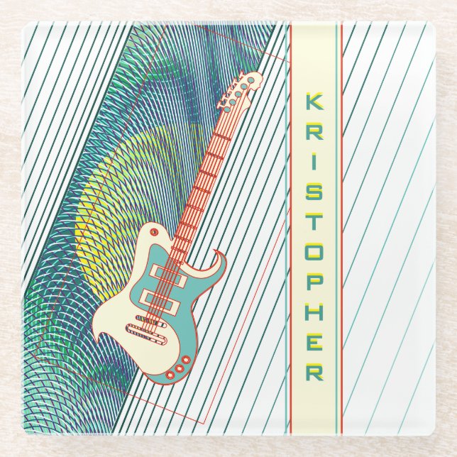  Add Name Cool Modern White & Teal Electric Guitar Glass Coaster (Front)
