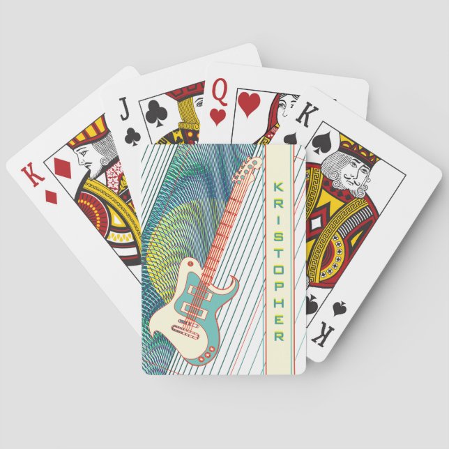  Add Name Cool Modern White & Teal Electric Guitar Poker Cards (Back)