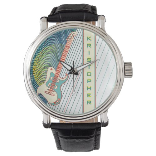  Add Name Cool Modern White  Teal Electric Guitar Watch