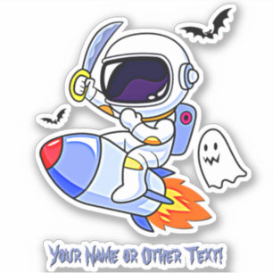 Add Name Cute Astronaut Riding Rocket Ghost Bats   Sticker