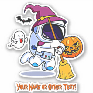 Add Name Cute Astronaut Witch Broom Pumpkin Ghost  Sticker