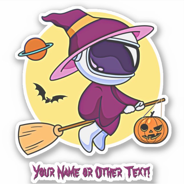 Add Name Cute Astronaut Witch Broom Saturn Pumpkin Sticker (Front)