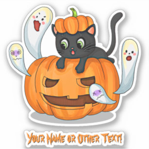 Add Name, Cute Black Cat Kitten on Pumpkin Ghosts Sticker