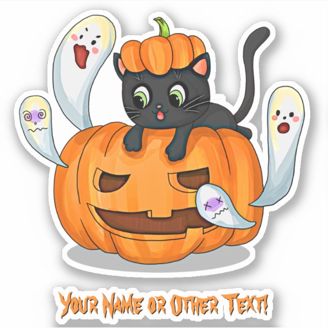 Add Name, Cute Black Cat Kitten on Pumpkin Ghosts Sticker (Front)