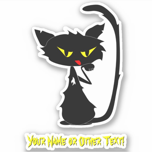 Add Name, Cute Black Cat Red Tongue Yellow Eyes Sticker (Front)