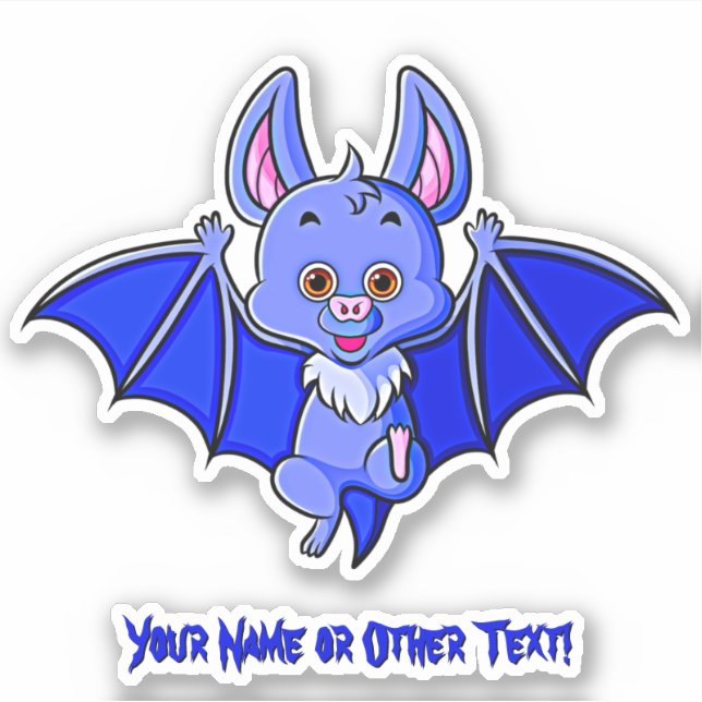 Add Name, Cute Blue Baby Bat with Wings Flying     Sticker (Front)