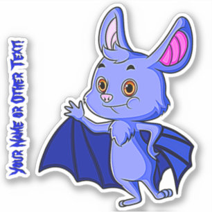 Add Name, Cute Blue Baby Bat with Wings Standing Sticker