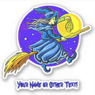 Add Name Cute Blue Flying Witch Broomstick Lantern Sticker