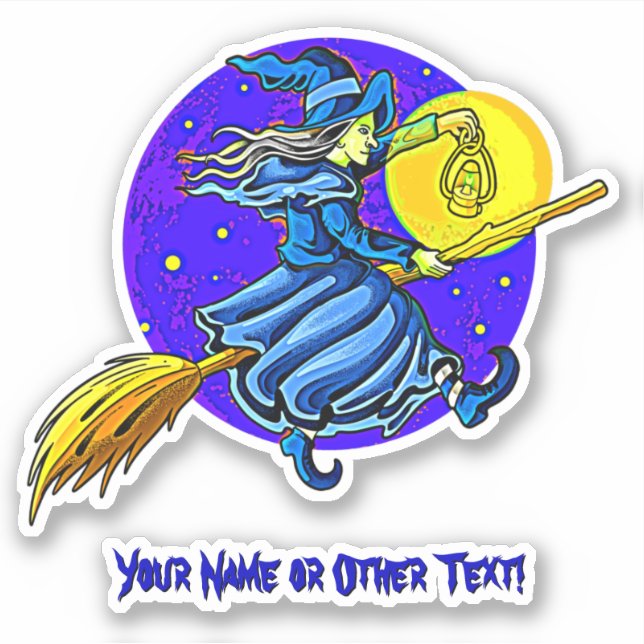 Add Name Cute Blue Flying Witch Broomstick Lantern Sticker (Front)