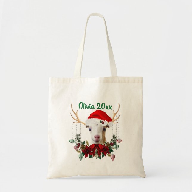 ADD NAME - Cute Christmas LaMancha Goat Kid Tote Bag (Front)