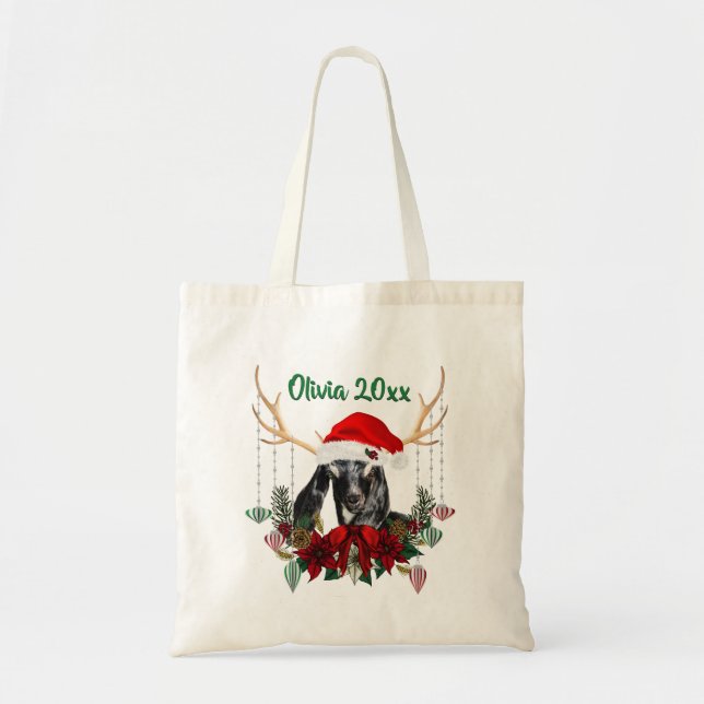 ADD NAME - Cute Christmas Nubian Baby Goat Kid Tote Bag (Front)
