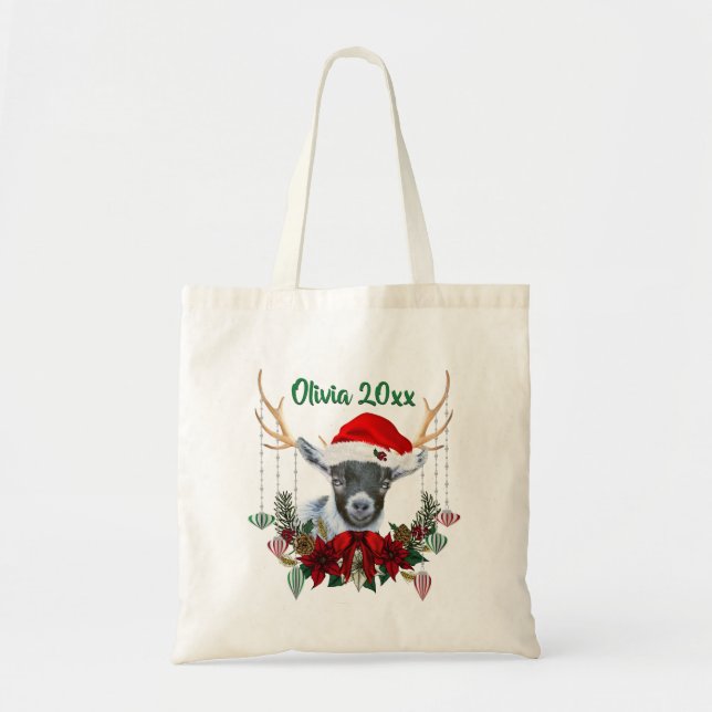 ADD NAME - Cute Christmas Pygmy Goat Kid Tote Bag (Front)
