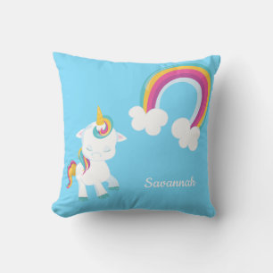 ADD NAME/Cute Colorful Rainbow & Unicorn Throw Pillow