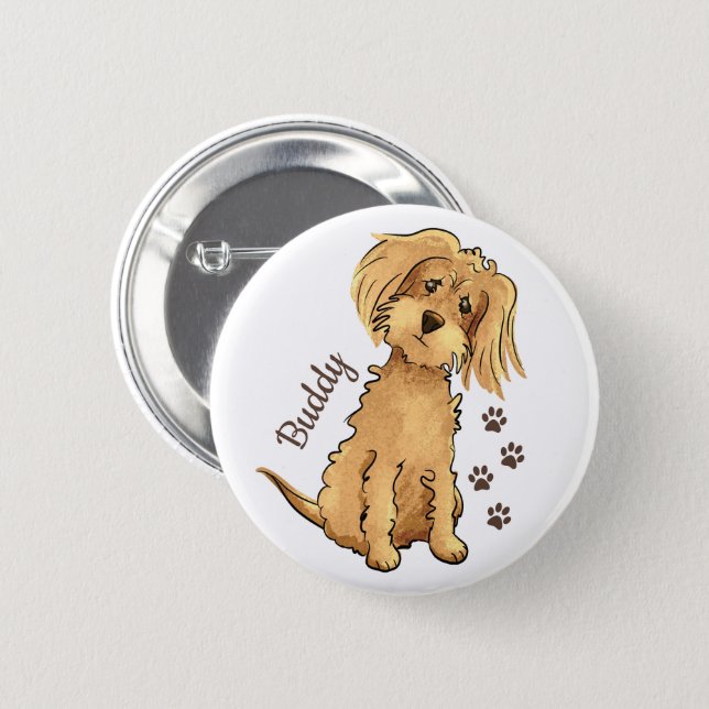 Add Name Cute Fluffy Brown Dog Button (Front & Back)