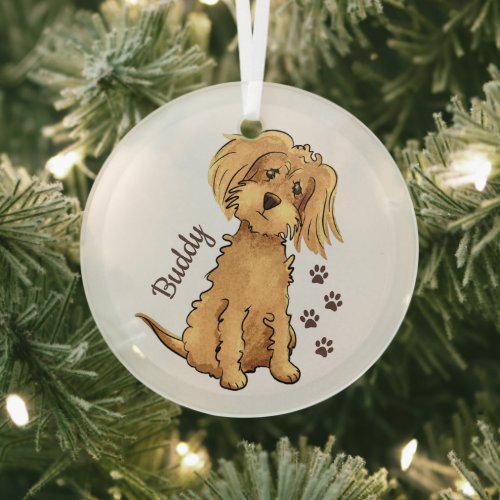 Add Name Cute Fluffy Brown Dog Glass Ornament