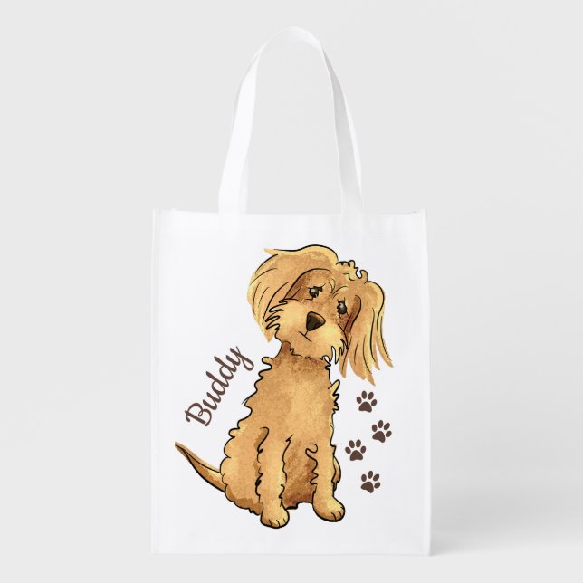 Add Name Cute Fluffy Brown Dog Grocery Bag (Front)