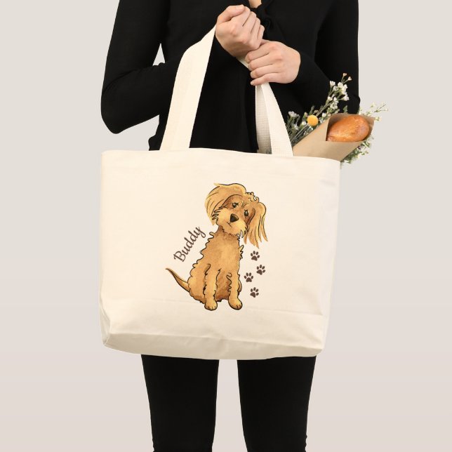 Add Name Cute Fluffy Brown Dog Large Tote Bag (Front (Product))