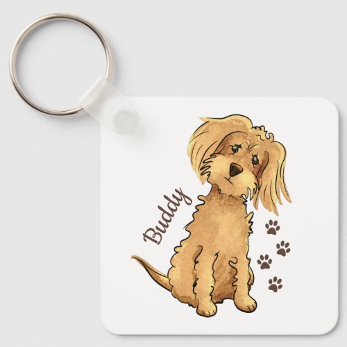 Add Name Cute Fluffy Brown Dog Square Keychain
