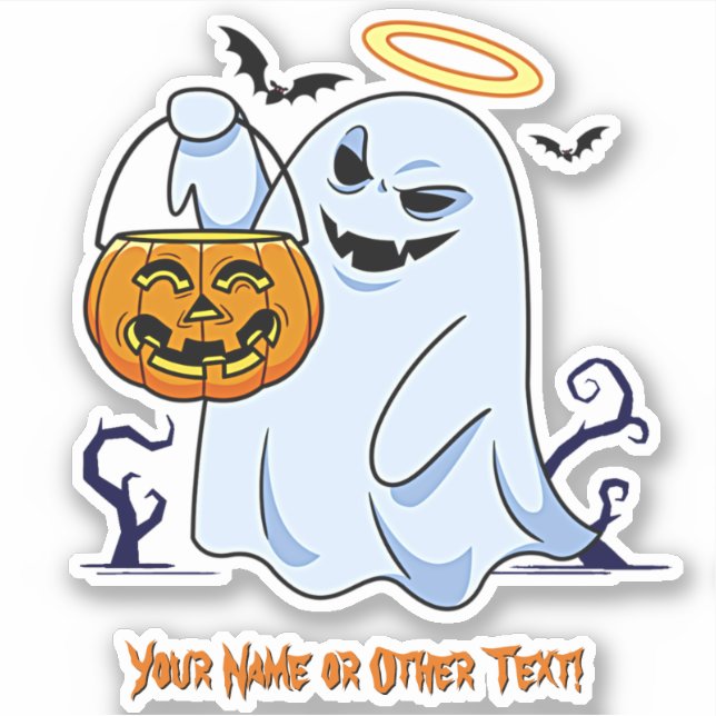 Add Name, Cute Ghost Pumpkin Cauldron Halo Bats Sticker (Front)