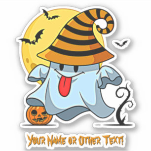 Add Name, Cute Ghost Pumpkin Moon Witch Hat Bats   Sticker