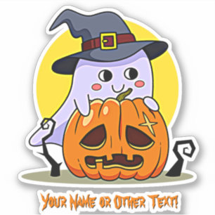 Add Name, Cute Ghost Pumpkin Moon Witch Hat        Sticker