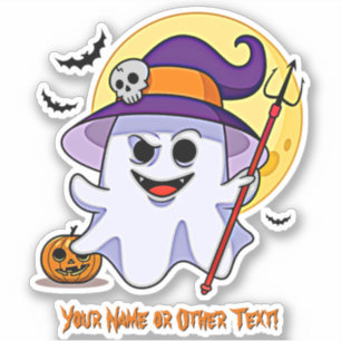 Add Name Cute Ghost Pumpkin Red Trident Moon Skull Sticker