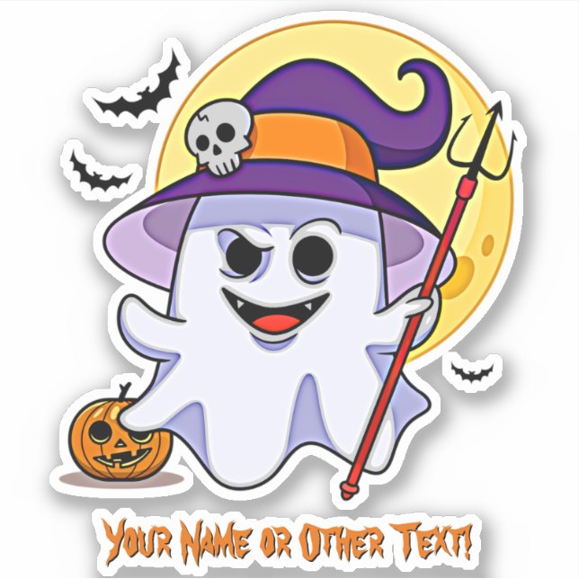Add Name Cute Ghost Pumpkin Red Trident Moon Skull Sticker (Front)