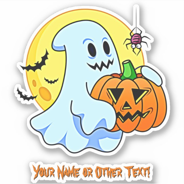 Add Name, Cute Ghost Pumpkin Spider Moon Bats      Sticker (Front)