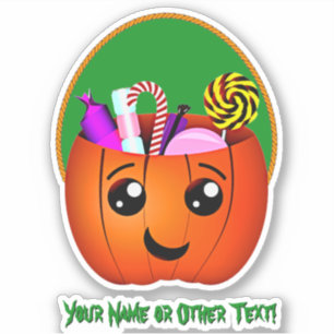 Add Name, Cute Halloween Pumpkin Bucket Treats     Sticker