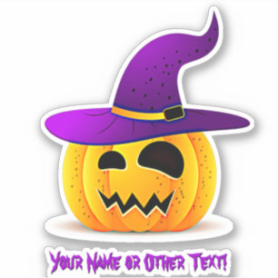 Add Name, Cute Halloween Pumpkin Purple Witch Hat  Sticker