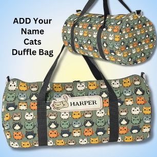 Add Name, Cute Kawaii Cats on Green Duffle Bag
