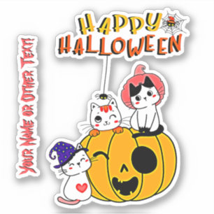 Add Name, Cute Kittens Pumpkin Spiders Web Pink    Sticker