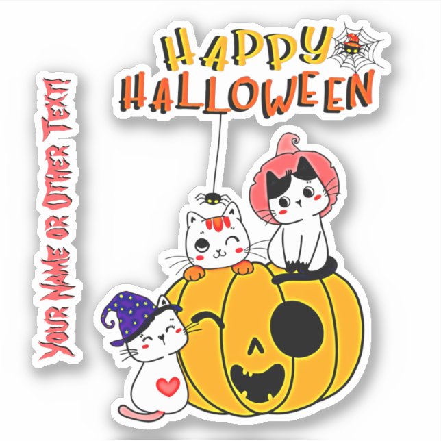 Add Name, Cute Kittens Pumpkin Spiders Web Pink    Sticker (Front)