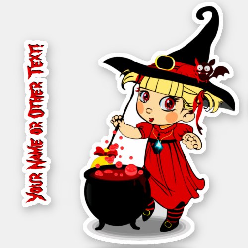 Add Name Cute Little Girl Witch with Cauldron Bat Sticker
