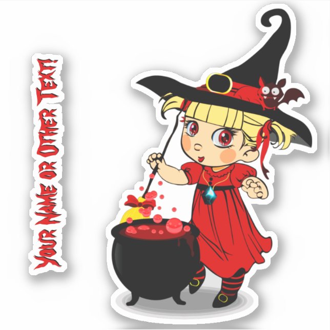 Add Name, Cute Little Girl Witch with Cauldron Bat Sticker (Front)