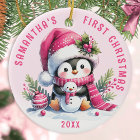 Add Name Cute Penguin Girly Pink First Christmas