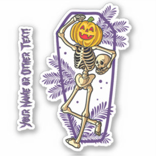 Add Name, Cute Pumpkin Head Skeleton Skull Coffin Sticker