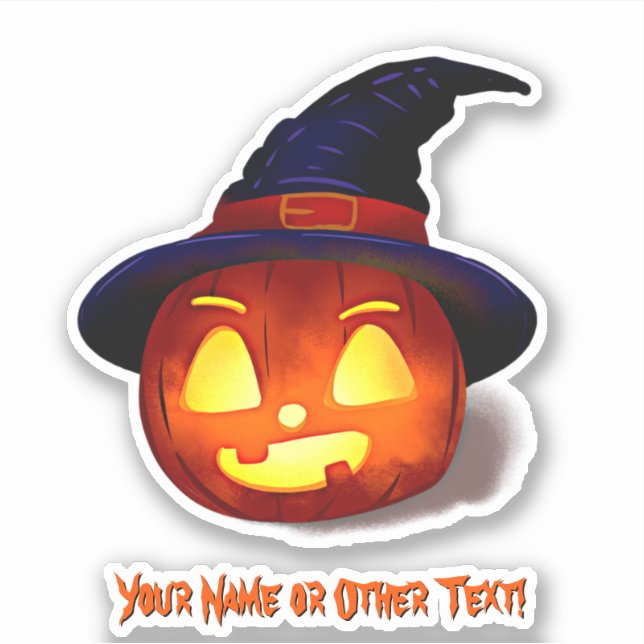 Add Name, Cute Pumpkin Witch Hat with Yellow Light Sticker (Front)
