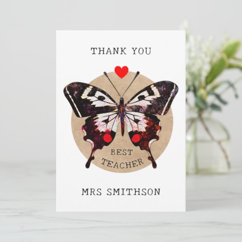 Add Name Cute Vintage Butterfly Heart Best Teacher Holiday Card