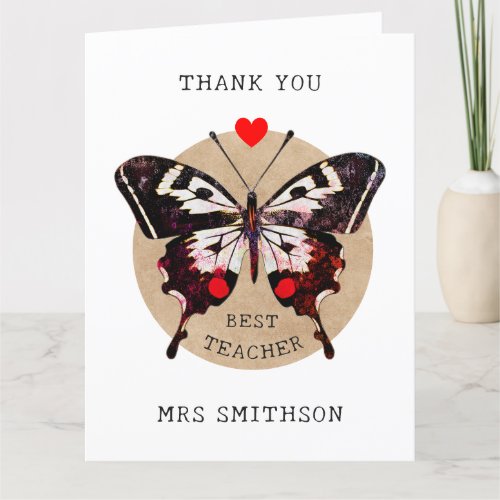 Add Name Cute Vintage Butterfly Heart Best Teacher Thank You Card