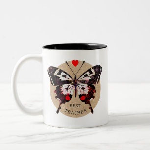 Add Name Cute Vintage Butterfly Heart Best Teacher Two-Tone Coffee Mug