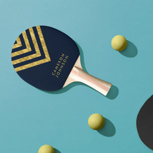 Add Name Dark Blue and Faux Gold Chevron Ping Pong Paddle