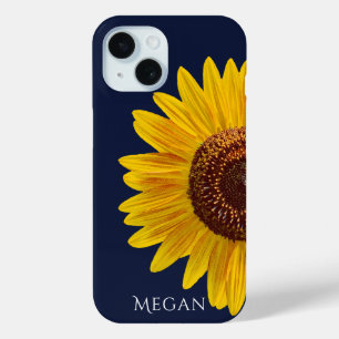 Add Name Deep Navy Blue Close Up Yellow Sunflower iPhone 15 Case