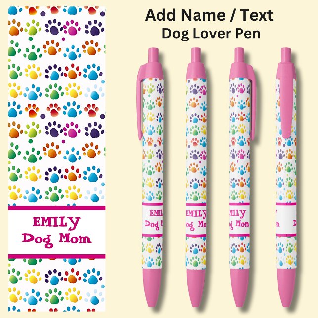 Add Name, 'Dog Mom',  Dog Rainbow Paw Prints  Pen (Creator Uploaded)