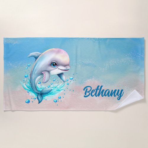 Add Name Dolphin Swimming with Bubbles Pink Blue Beach Towel