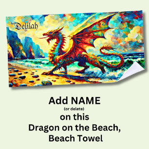 Add Name, Dragon on Beach at Sunset Towel