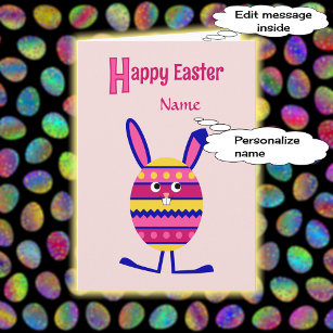 Add name Easter egg bunny pink Holiday Card