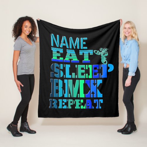 Add Name Eat Sleep BMX Repeat Blue Text Bike Rider Fleece Blanket