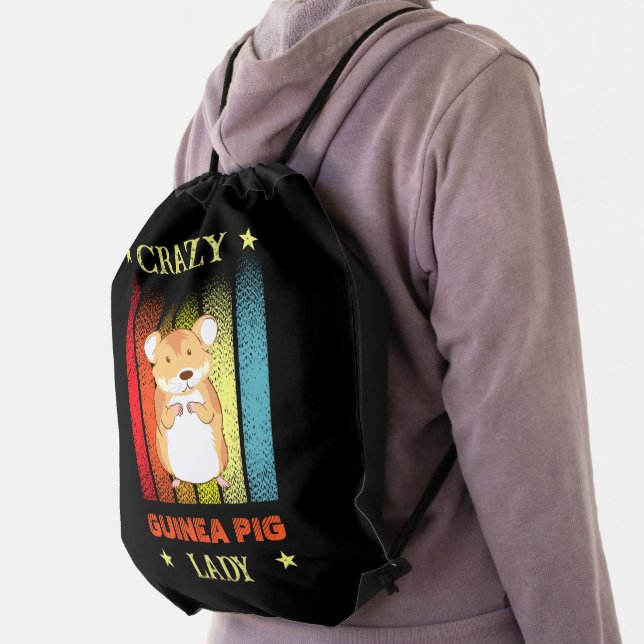 Add Name Edit Text Crazy Guinea Pig Lady Drawstring Bag (Insitu)